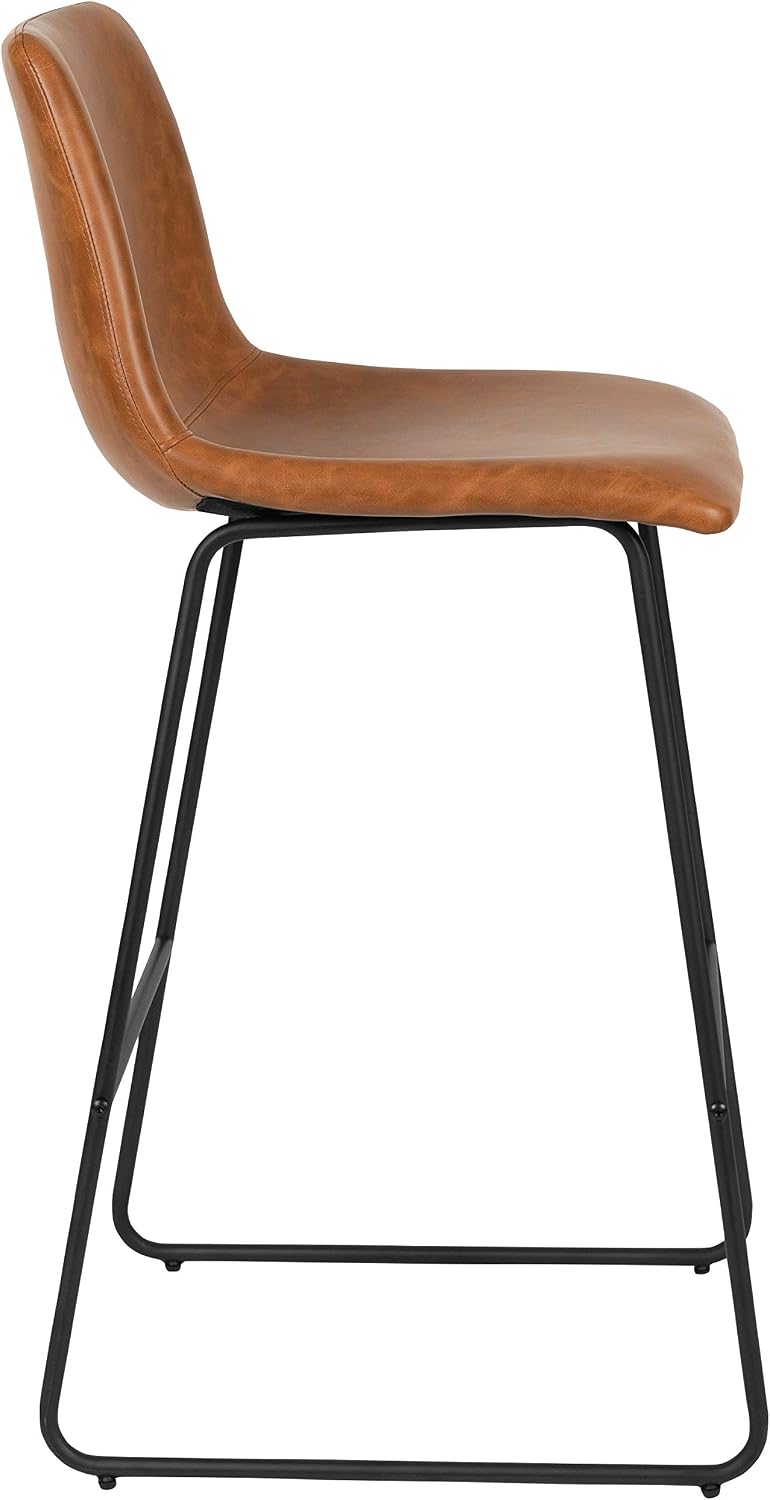 Flash Furniture Reagan 30' LeatherSoft Barstools with Footrest, Mid-Century Modern Bucket Style Bar Height Stools, Set of 2, Light Brown