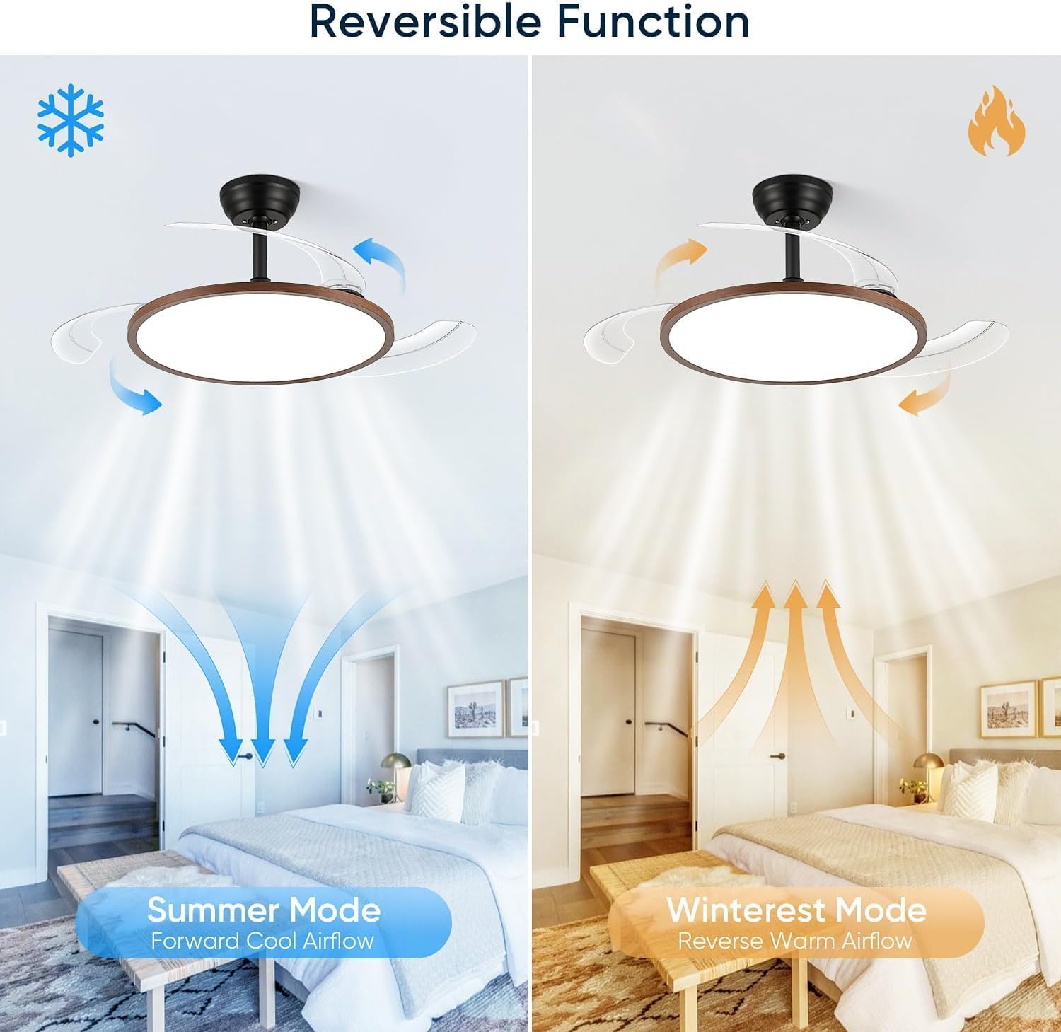 48 Inch Retractable Ceiling Fan with Lights, Fandelier Ceiling Fan for Bedroom Living Room Dinning Room, Chandelier with Fan 6 Speed, 3 Color Temperature, Reversible DC Motor-Black