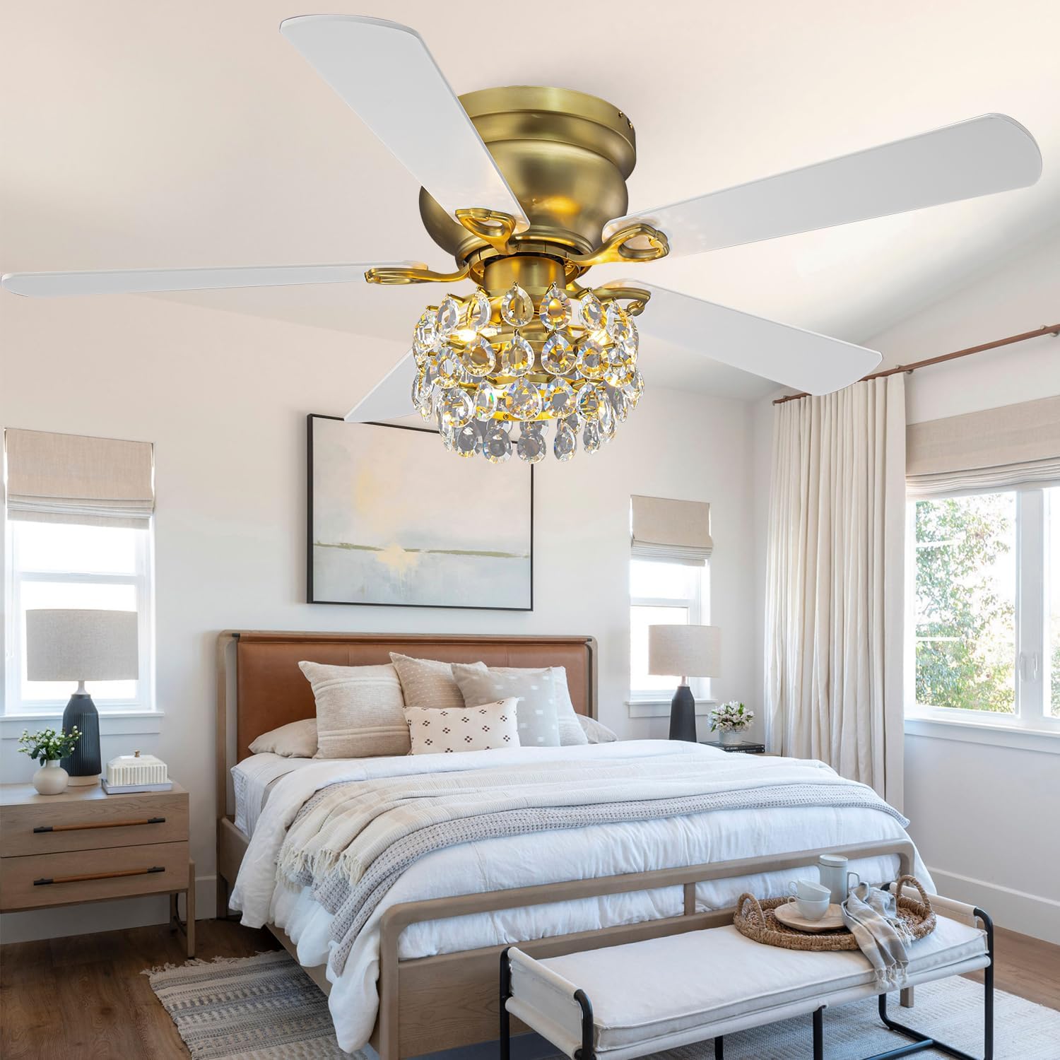 Parrot Uncle Crystal Ceiling Fan,48 Inch Gold Fandelier Chandelier Ceiling Fan with Remote,Low Profile Flush Mount,5 Reversible Blades, 3 Timers, Indoor Vintage Fandelier for Dining Room,Bedroom