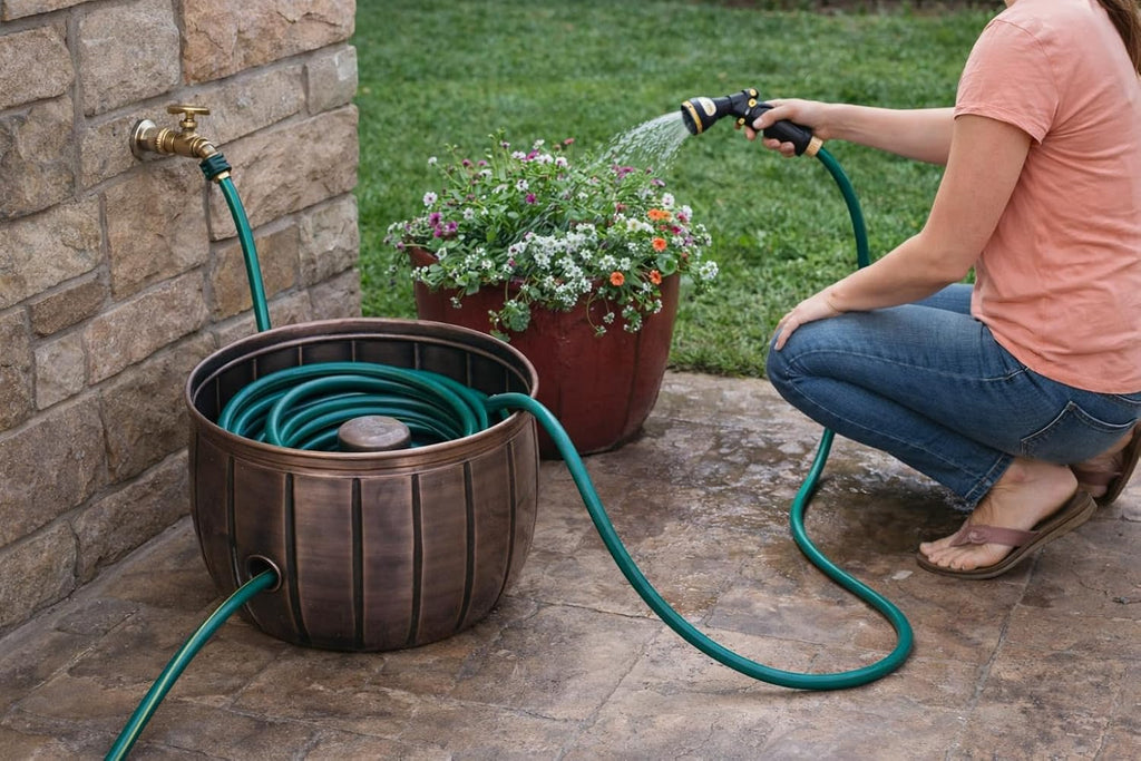 BIRDROCK HOME Water Hose Holder - Decorative Metal Pot, Indoor or Outdoor, Garden Storage Organizer, Patio Portable Bucket - Antique Copper, Holds up to 100ft Hoses, Medium No Lid