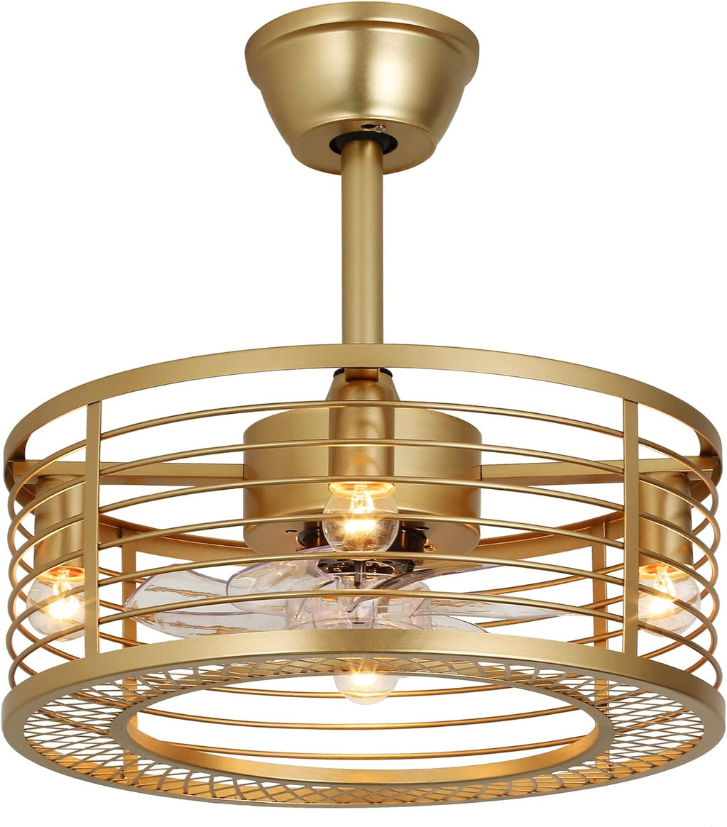 Caged Ceiling Fan with Light, Gold Fandelier Ceiling Fan and Remote Control - Reversible Motor, 6-Speed Wind, 18 Inch for Bedroom and Kitchen