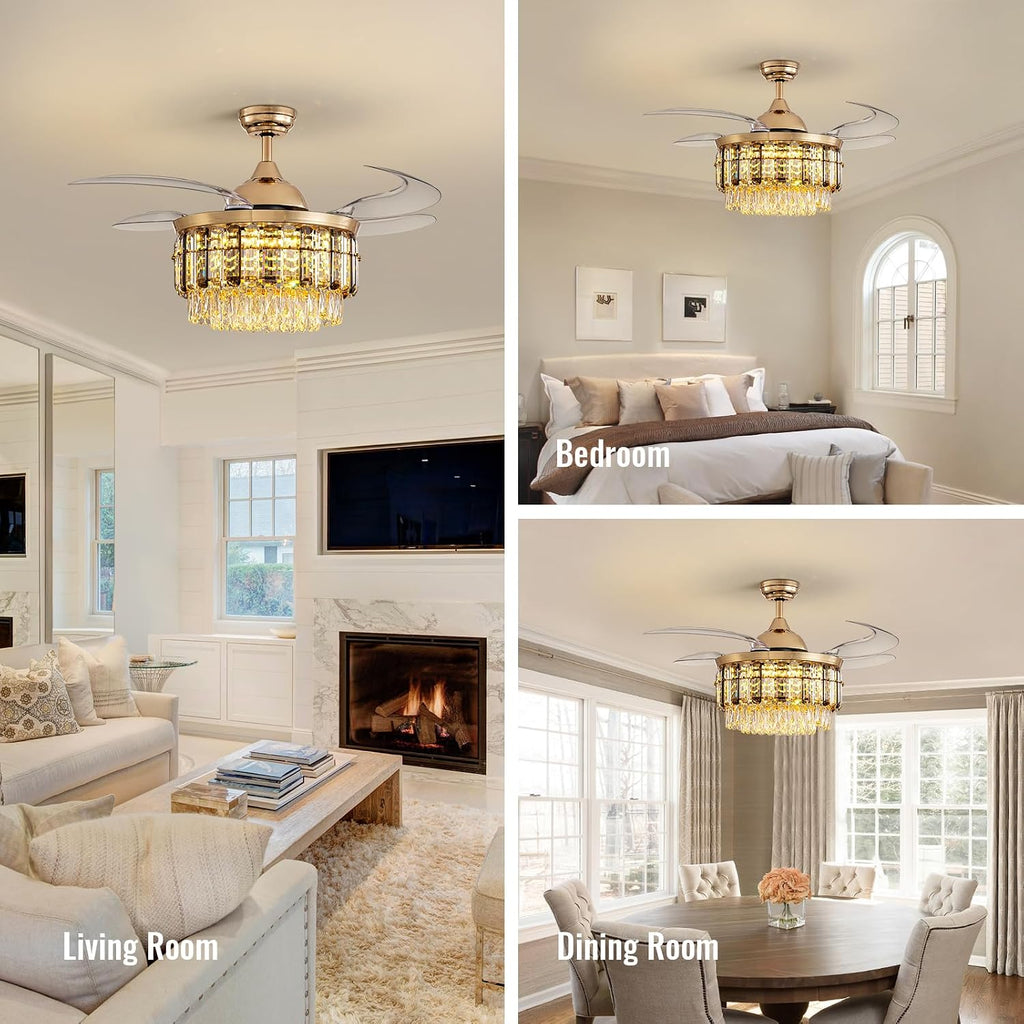 Siljoy 48 Inch Crystal Ceiling Fan with Light, Retractable Ceiling Fan with Lights Chandelier Fan, 6 Speeds, Dimmable Rose Gold Crystal Fandelier for Bedroom, Living Room, Dining Room