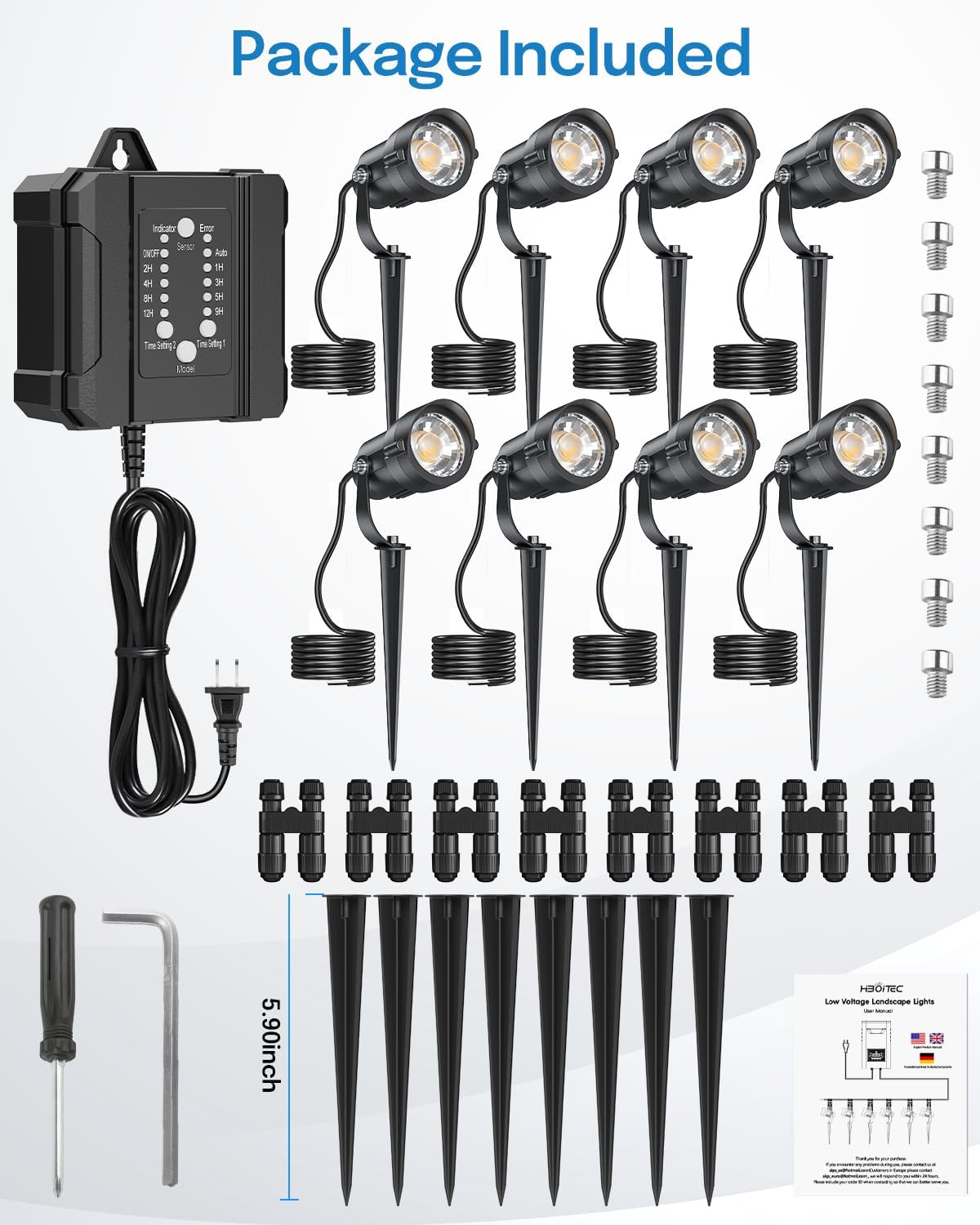 HIBOITEC Low Voltage Landscape Lighting 1200LM 12W with Connectors 100W Transformer Photocell Sensor and Timer Spotlights Landscape Lights Kit IP65 Waterproof 5000K for House Yard Trees Garden 8 Packs