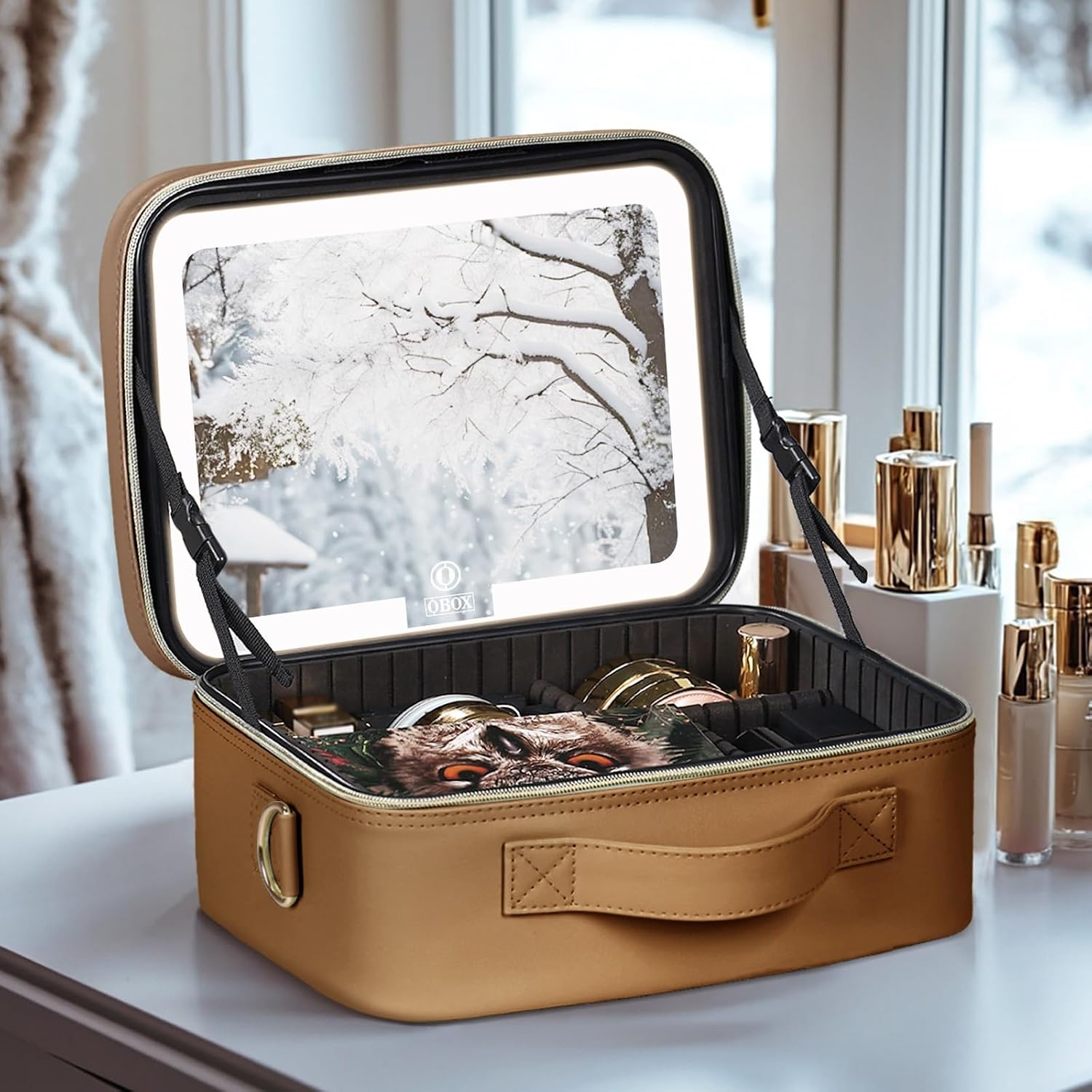 HJXGQJM Travel Makeup Bag with Led Light Mirror, Large Capacity Cosmetic Organizer Vanity Travel Case for Make Up with Adjustable Compartment，Tri-Colour Light Source