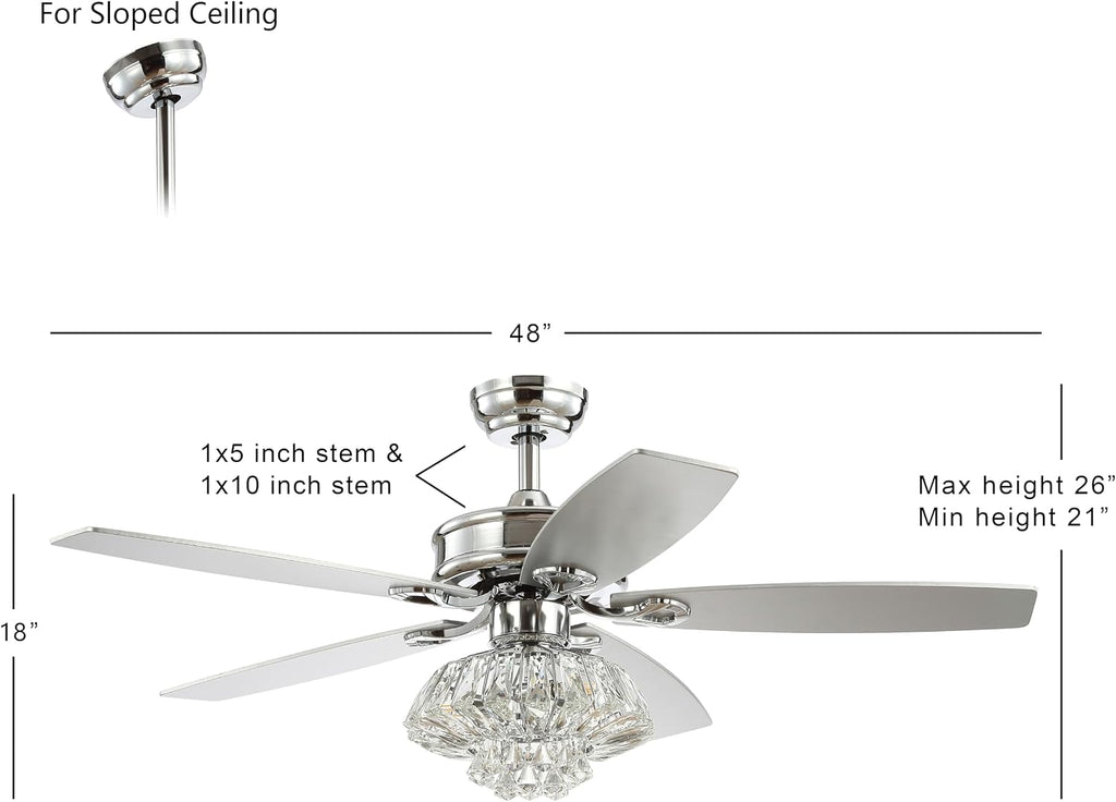 JONATHAN Y 48' Chrome 3-Light Iron and Crystal Ceiling Fan, Glam Drum Chandelier with Remote Control, 5 Reversible Silver/White Maple Blades, ETL Listed, LED Bulbs Included JYL9608A