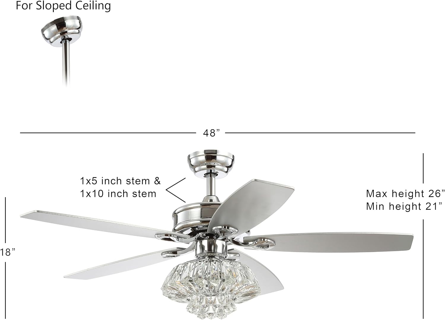 JONATHAN Y 48' Chrome 3-Light Iron and Crystal Ceiling Fan, Glam Drum Chandelier with Remote Control, 5 Reversible Silver/White Maple Blades, ETL Listed, LED Bulbs Included JYL9608A
