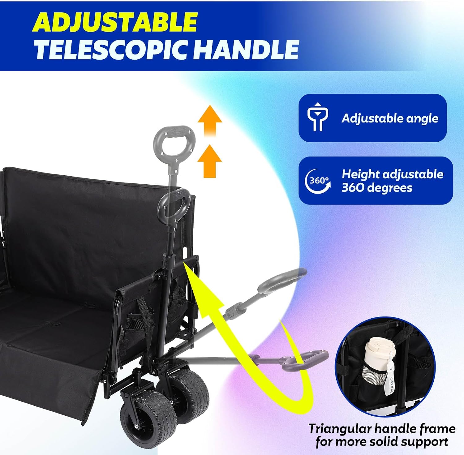 Portable Collapsible Folding Wagon, 550LBS Heavy Duty Utility Carts,Reclining Camper, Expandable Storage, Padded and Wheeled, All Terrain Wheels, Great for Camping, Outdoors, Shopping (Black)