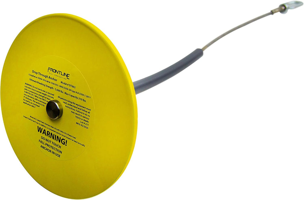 Frontline Fall Protection DT602 Drop Thru Anchor 6' Round Plate with 2' Cable | OSHA & ANSI Compliant | Removable and Reusable Anchor Point | Over Head Applications