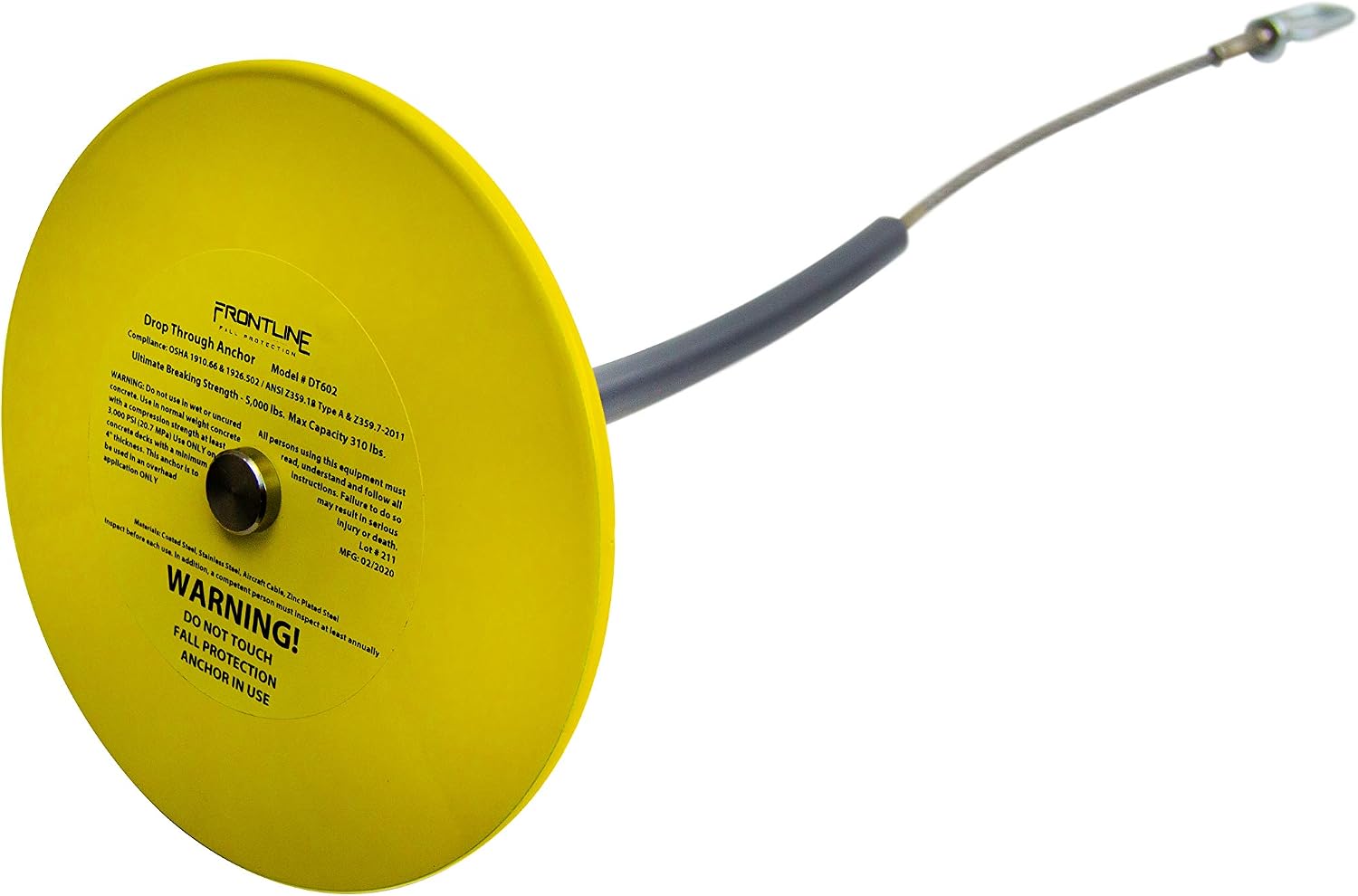 Frontline Fall Protection DT602 Drop Thru Anchor 6' Round Plate with 2' Cable | OSHA & ANSI Compliant | Removable and Reusable Anchor Point | Over Head Applications