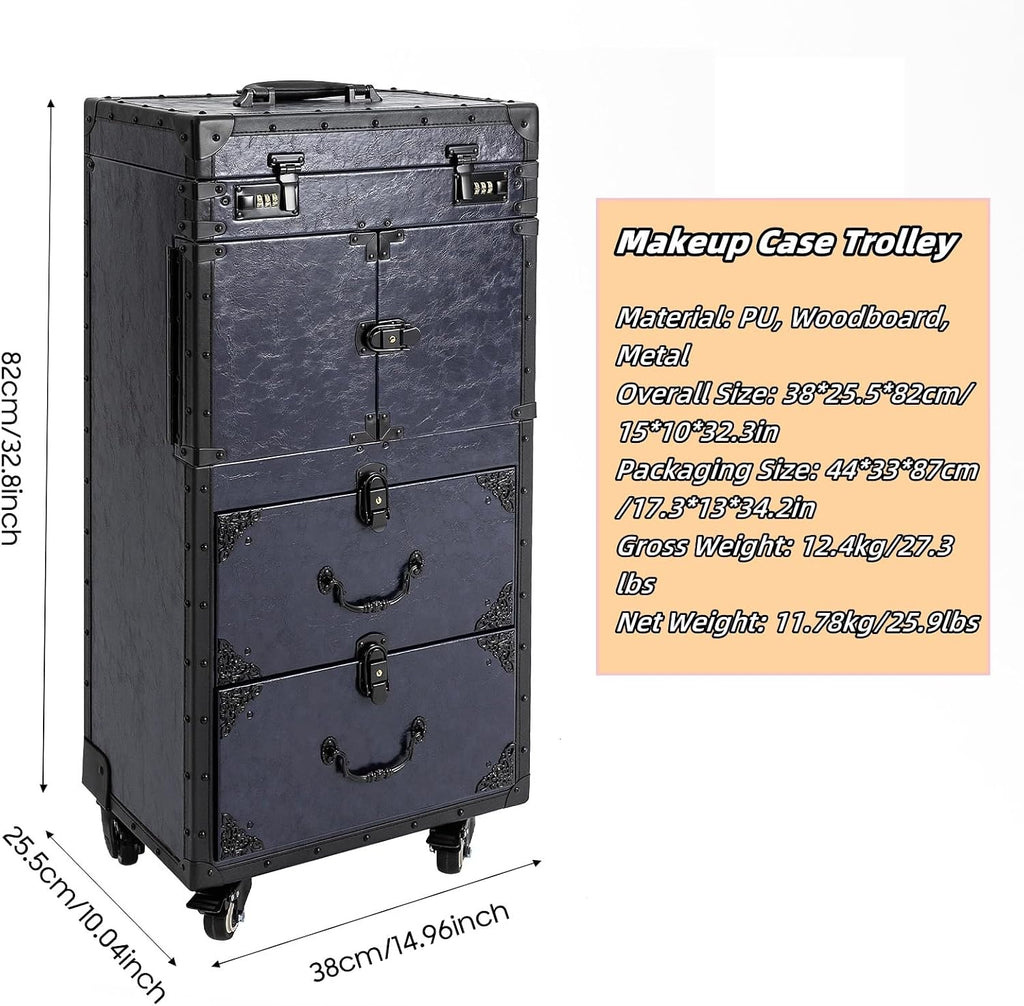 Rolling Makeup Train Case, Lockable Beauty Salon Luggage Hairdressing Trolley with Hair Dryer Holder, Multifunction Cosmetic Luggage Travel Cosmetology Case on Wheels, Dark Blue