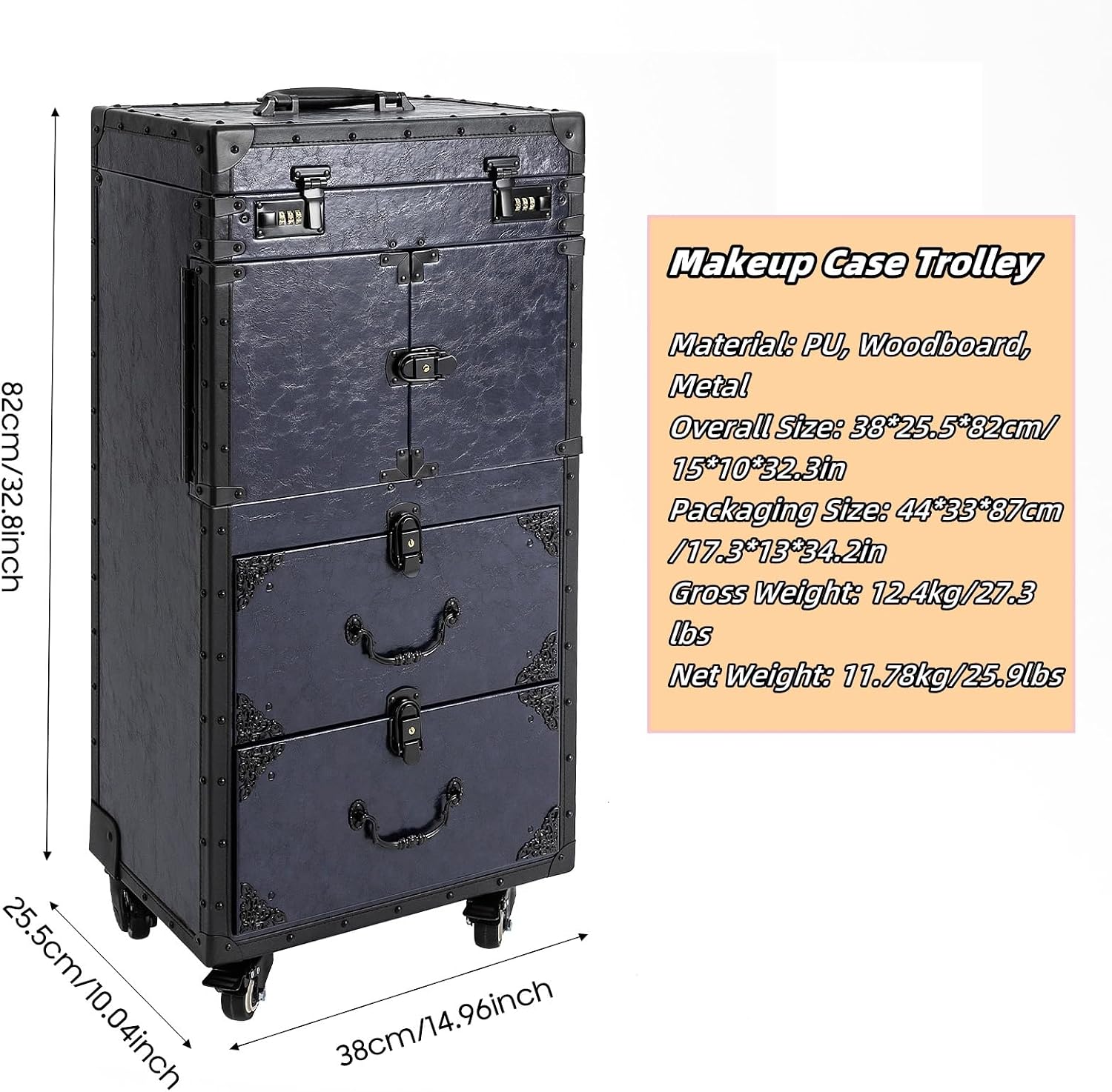 Rolling Makeup Train Case, Lockable Beauty Salon Luggage Hairdressing Trolley with Hair Dryer Holder, Multifunction Cosmetic Luggage Travel Cosmetology Case on Wheels, Dark Blue