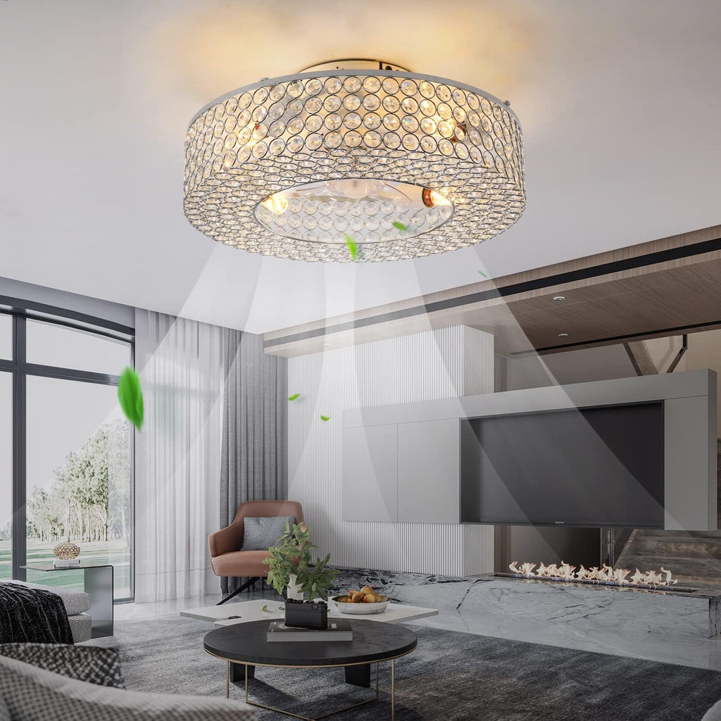 Modern Crystal Ceiling Fan with Light Remote Control, 19.6 Inch Enclosed Bedroom Fan with Lights, 6-Speed Quiet reversible motor, Flush Mount Fandelier for Low Ceiling, Living Room, Dining Room