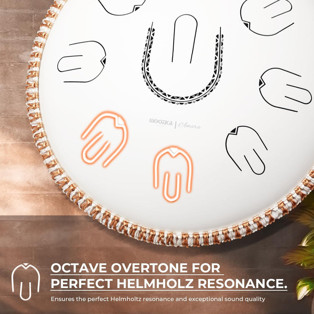 MOOZICA Steel Tongue Drum, 14' Portable Amara Scale Handpan With Octave Overtone Design, For Beginner and Professional (Amara, White)