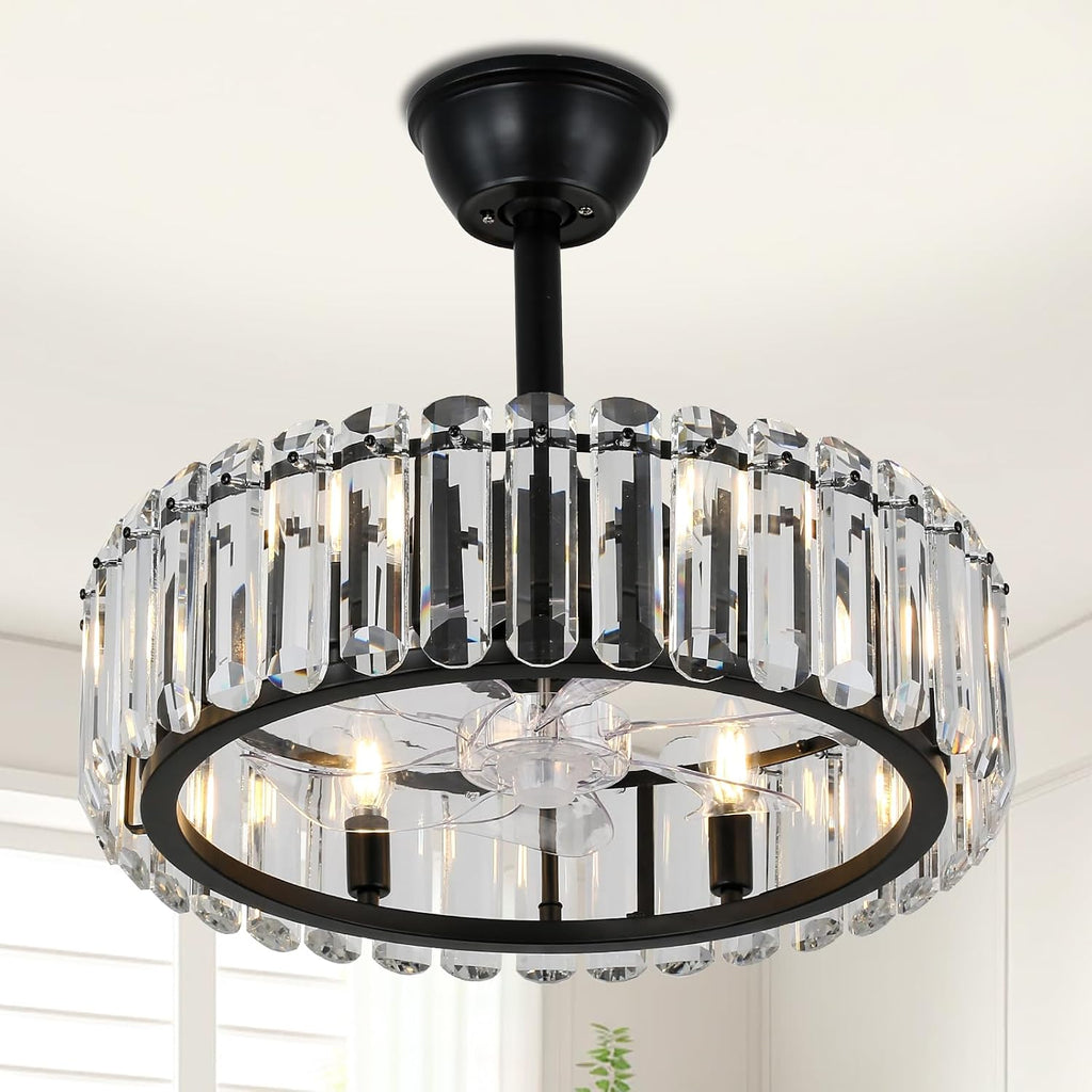 FRIXCHUR Crystal Caged Ceiling Fan with Lights and Remote 20.7 Inch Black Fandelier Semi Flush Mount 6 Speed Reversible Chandelier for Dining Bedroom Living Room Kitchen E12 x 6 Bulbs Not Included