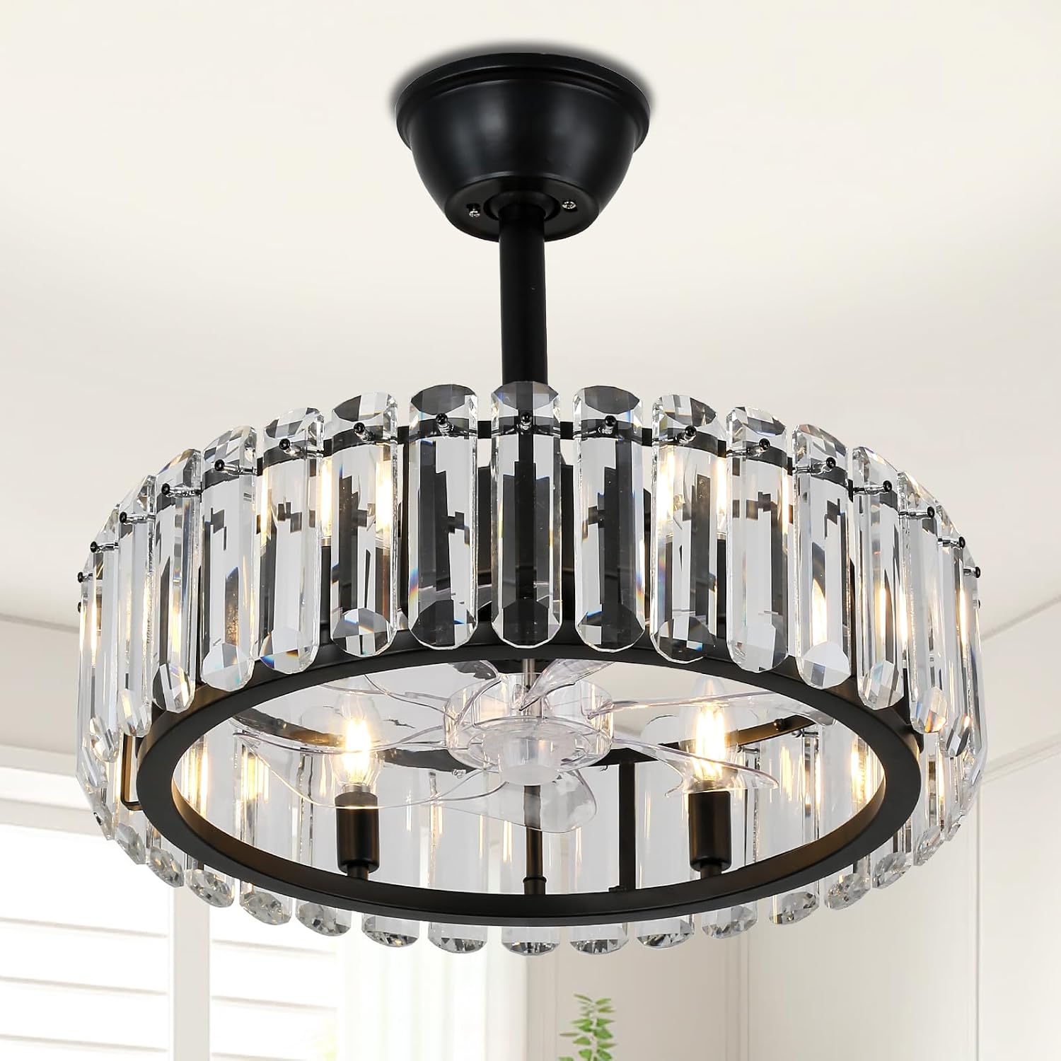FRIXCHUR Crystal Caged Ceiling Fan with Lights and Remote 20.7 Inch Black Fandelier Semi Flush Mount 6 Speed Reversible Chandelier for Dining Bedroom Living Room Kitchen E12 x 6 Bulbs Not Included