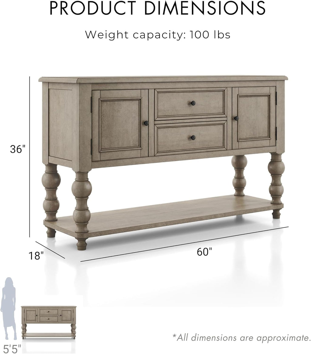 Furniture of America Shelimar Solid Wood 60-inch Server with 2-Drawer and 1 Large Open Shelf Buffet/Sideboard for Dining Room, Home Kitchen, Light Washed White