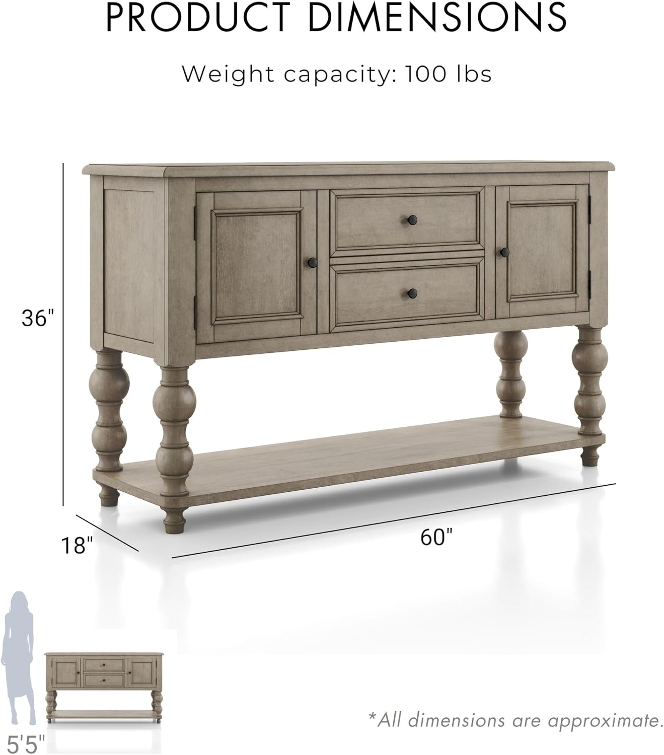 Furniture of America Shelimar Solid Wood 60-inch Server with 2-Drawer and 1 Large Open Shelf Buffet/Sideboard for Dining Room, Home Kitchen, Light Washed White