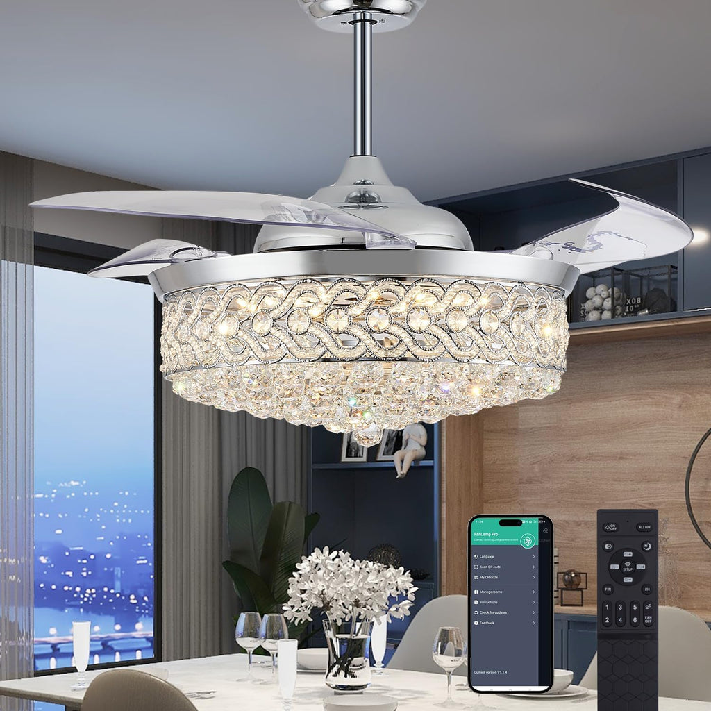 DuMaiWay 52' Dimmable Chandelier Ceiling Fan, Fandelier, Modern Crystal Retractable Invisible Blade LED Lighting with Remote Control for Bedroom Dining Room Living Room 6 Speed