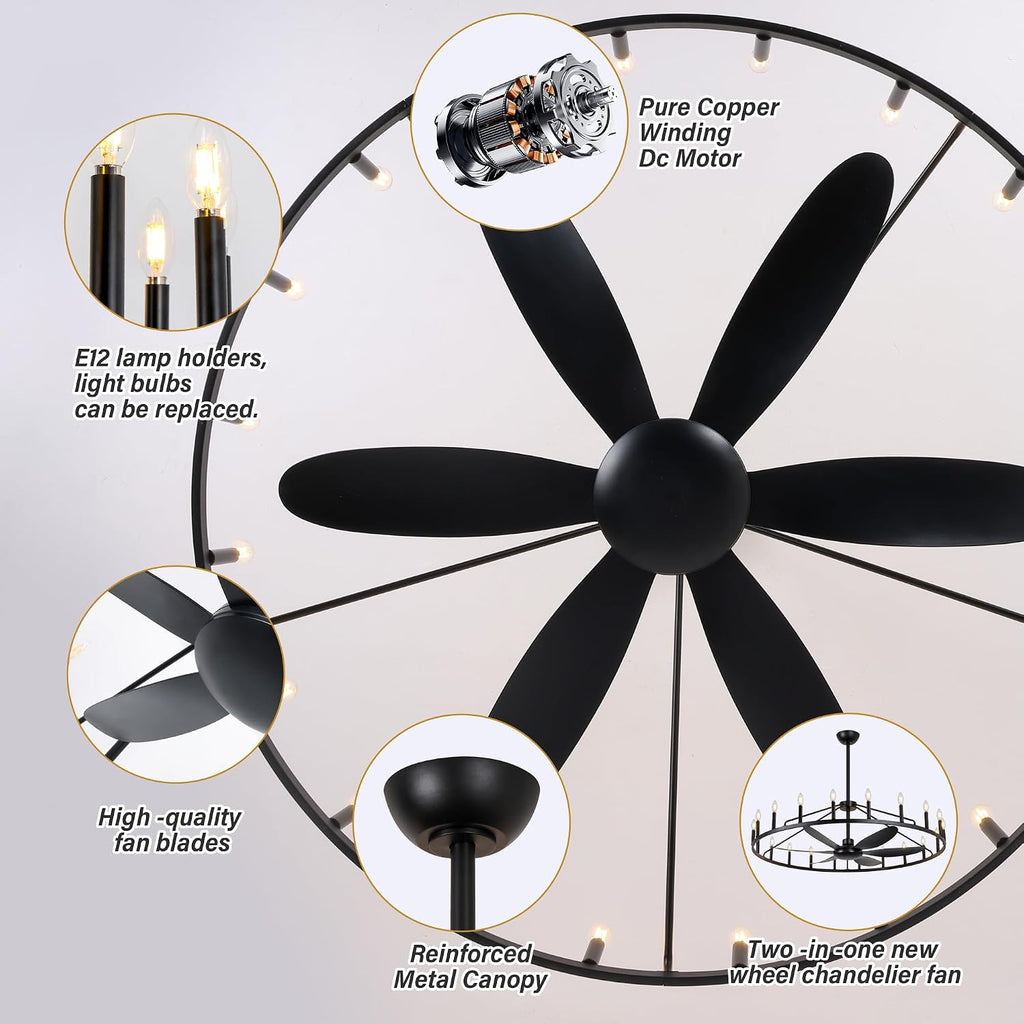 50' Farmhouse Chandelier Ceiling Fan with Light and Remote, 20-Lights Large Wagon Wheel Fandelier with Candle for Living Room,Rustic Walnut Fan with Light