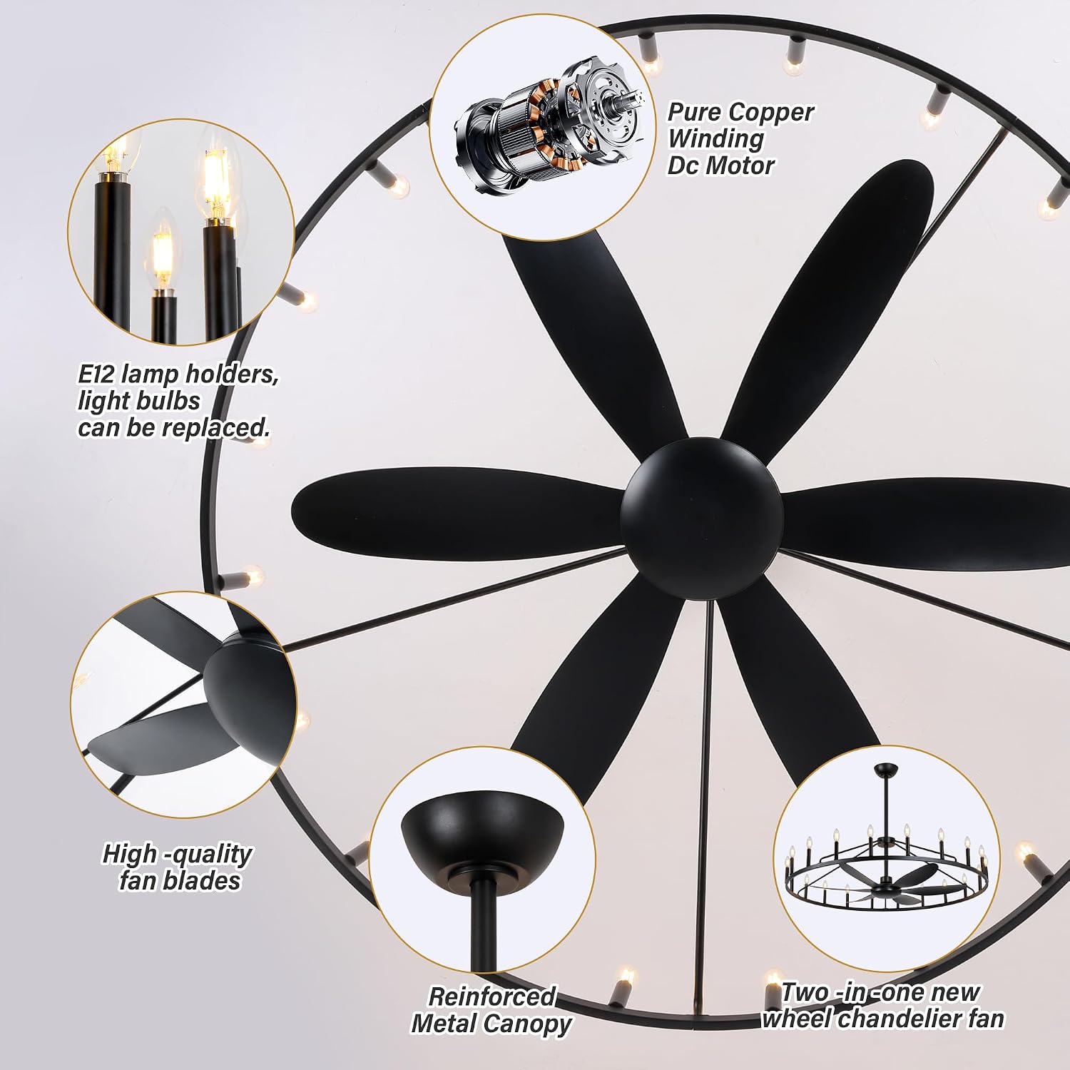 50' Farmhouse Chandelier Ceiling Fan with Light and Remote, 20-Lights Large Wagon Wheel Fandelier with Candle for Living Room,Rustic Walnut Fan with Light