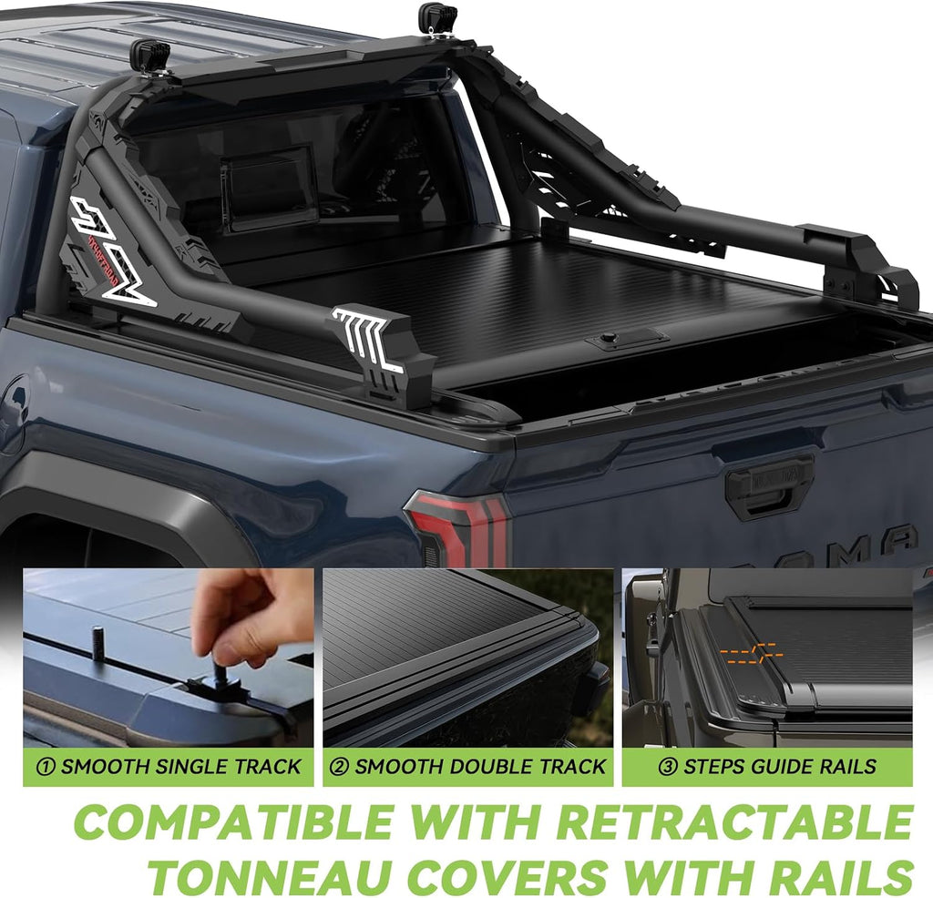 Heavy-Duty Roll Bar Compatible With Retractable Tonneau Covers With Rails | For Mid-Size Trucks Tacoma, Ranger, Colorado, Canyon, Frontier | Three installation methods No Drilling Installation