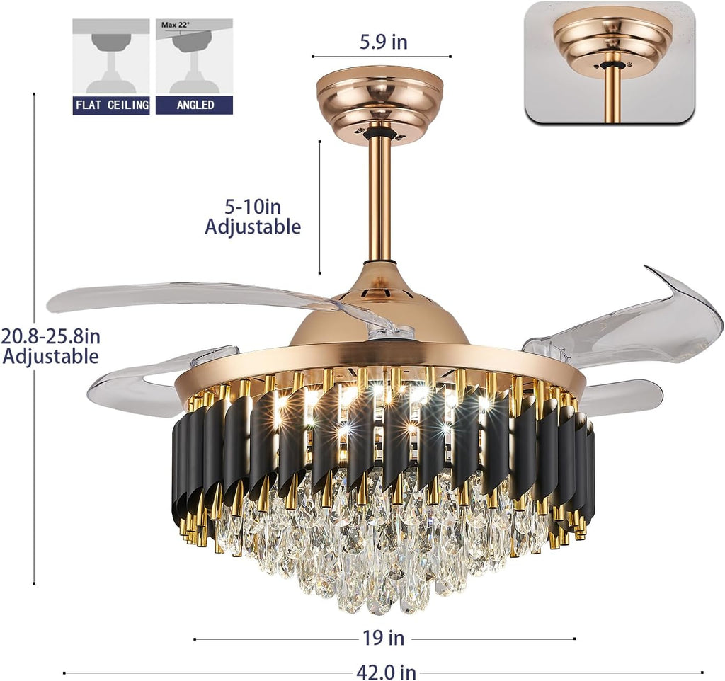 42' Dimmable Gold Fandelier Crystal Ceiling Fans with Lights and Remote Modern Retractable Blade Chandelier Ceiling Fans for Bedroom Dinning Room Living Room