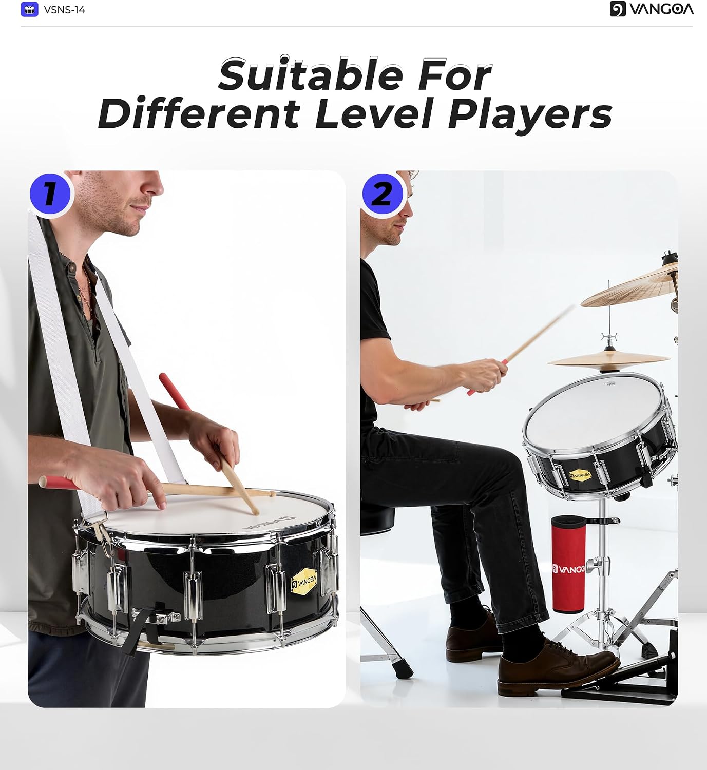 Vangoa Snare Drum Kit with Remo Head 14' x 5.5' Student Marching School Band Beginner Practice Snare Drum with Stand, Drumstick Holder, Padded Gig Bag, Mute Pad, Neck Strap, and 5A Drum Sticks, Black