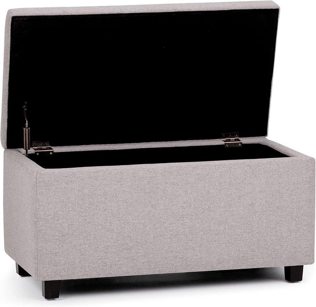 SIMPLIHOME Cosmopolitan Storage Ottoman - 34 inch Wide Upholstered Linen Look Fabric Rectangle Storage Ottoman Bench in Cloud Grey, Transitional Tufted Ottoman for Living Room with Lift-Up Lid