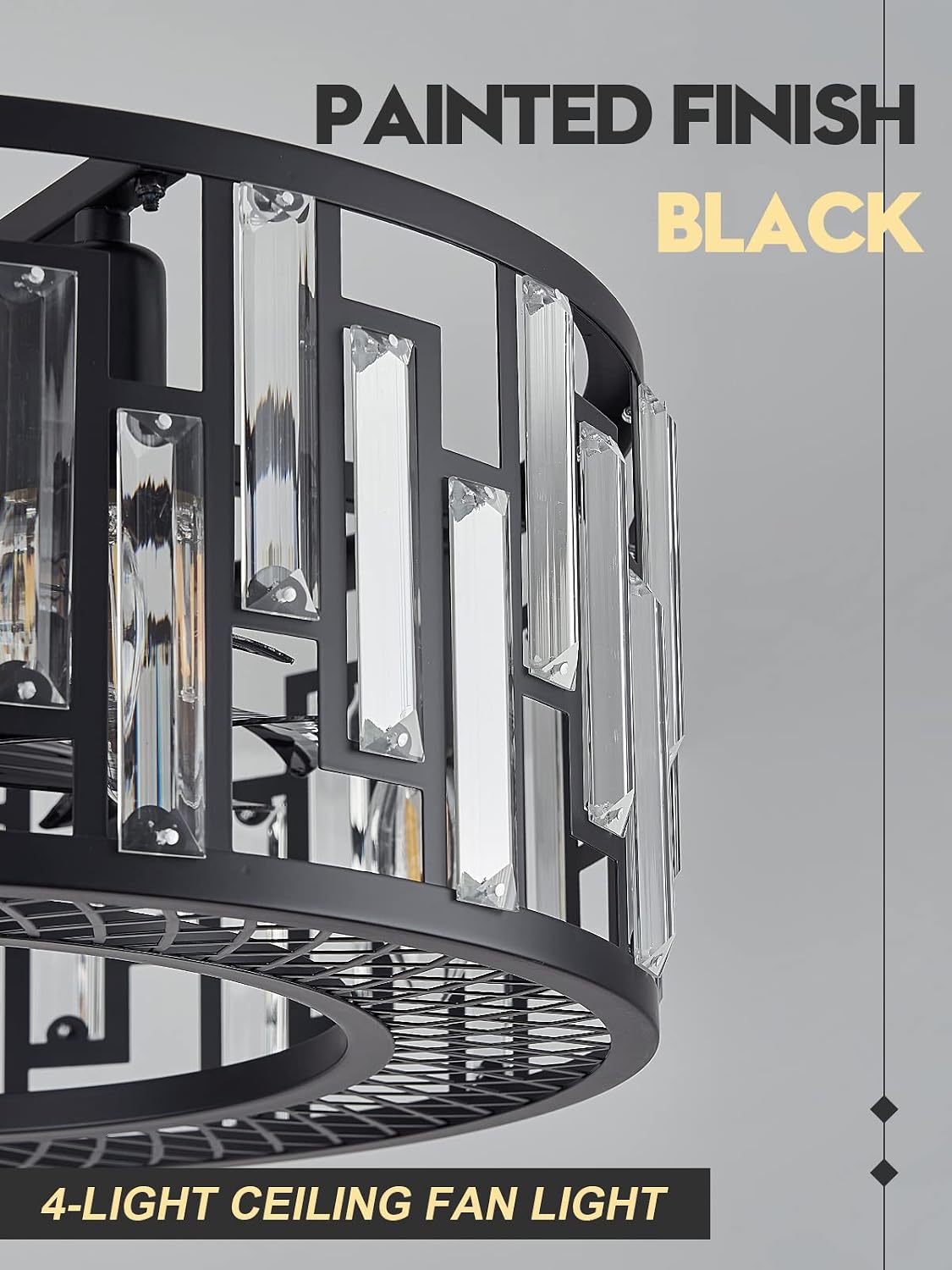 Crystal Caged Ceiling Fan Light Modern Black Fandelier with Remote Control Bladeless Ceiling Fan Lighting for Bedroom Dining Room Kitchen Living Room