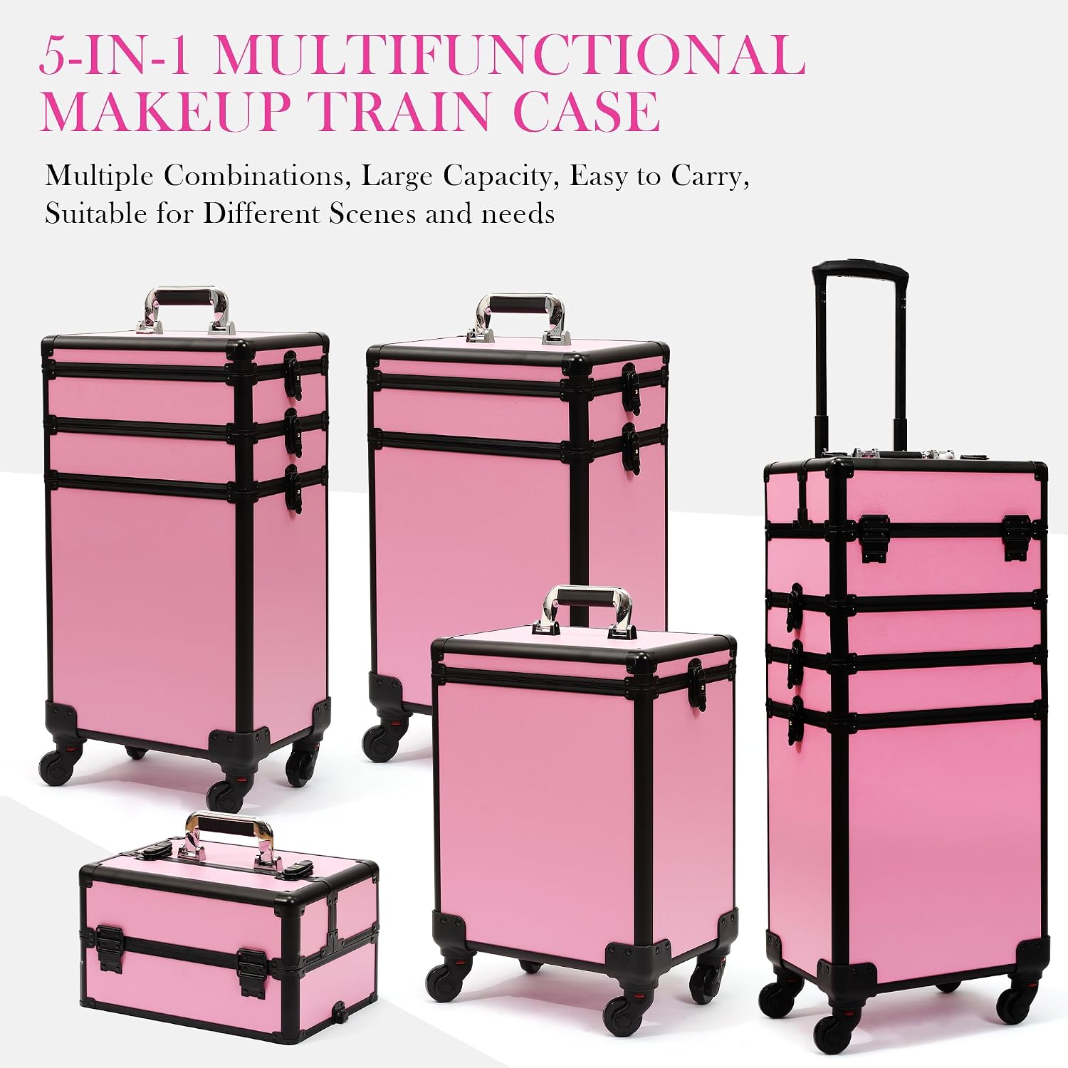 Particle Rolling Makeup Train Case Professional Cosmetic Trolley Large Storage Organizer with Key Swivel Wheels Salon Barber Case -Extra Portable Cosmetic Bag, Pink
