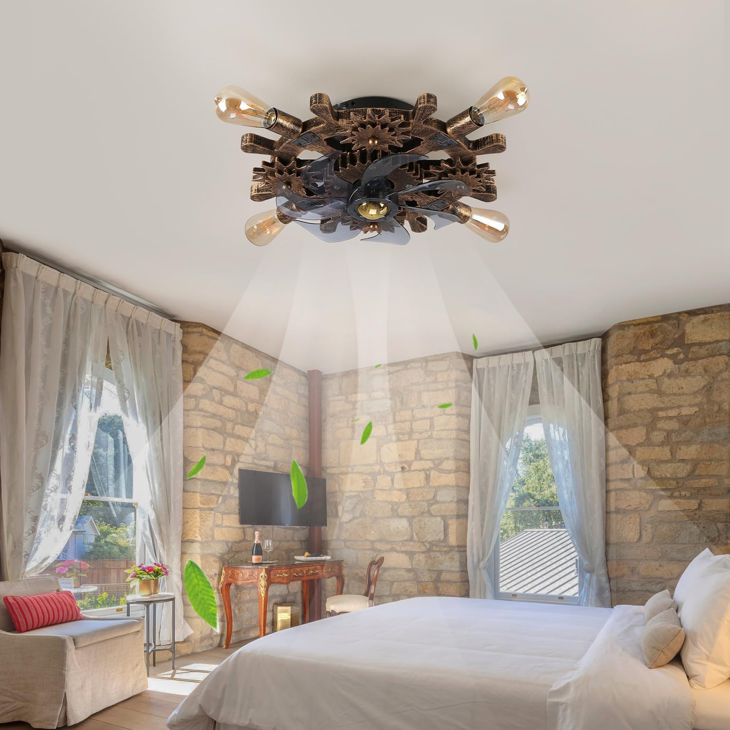 18.9' Vintage Industrial Small Ceiling Fans with Lights and Remote,Wooden Rudder Low Profile Fandelier Ceiling Fan with Light,Flush Mount Bladeless Ceiling Fan for Kitchen,Bedroom,Cafe Bar