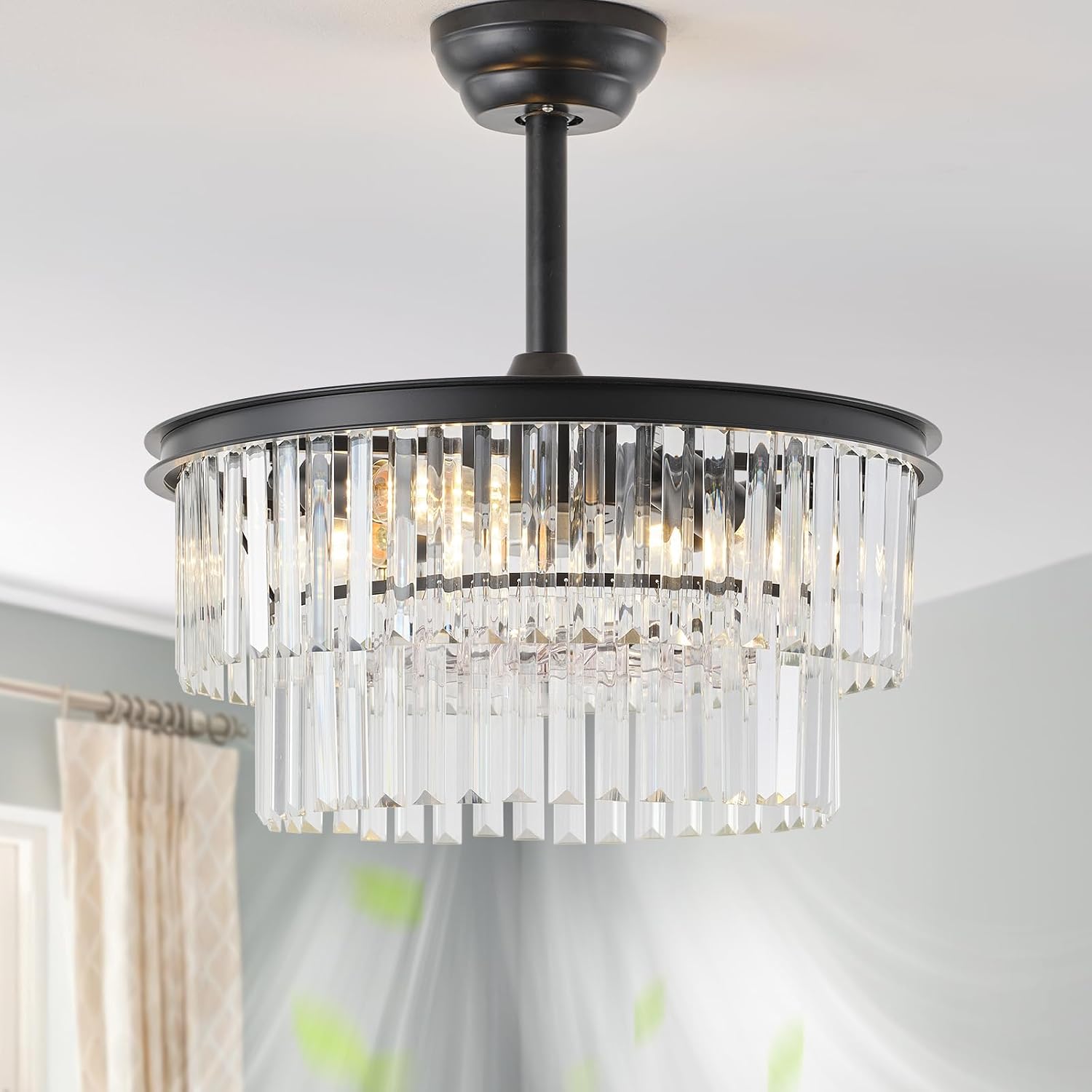 20' Black Crystal Fandelier Ceiling Fans with Lights,Farmhouse Rustic Caged Crystal Chandelier Ceiling Fan with Light Remote Control with 6 Speeds for Bedroom, Nursery, Living Room