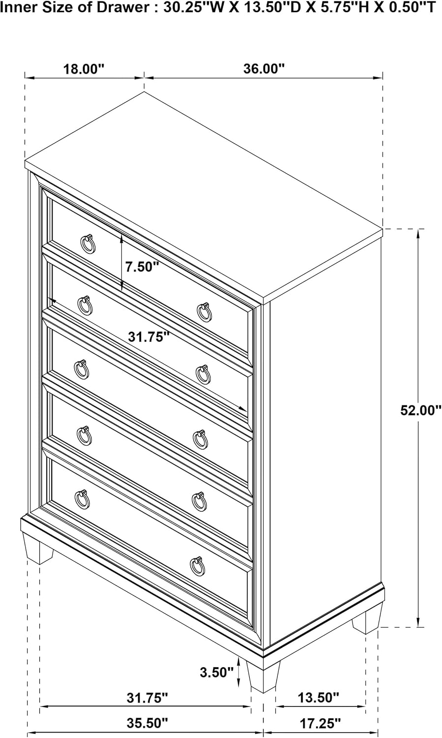 Coaster Home Furnishings - Pembroke - Wood - 5-Drawer Chest of Drawers with Stepped Trim, Ring Pulls, Hidden Storage, Rectangular Profile and Coastal Style - Bedroom - Washed Oak - 215925