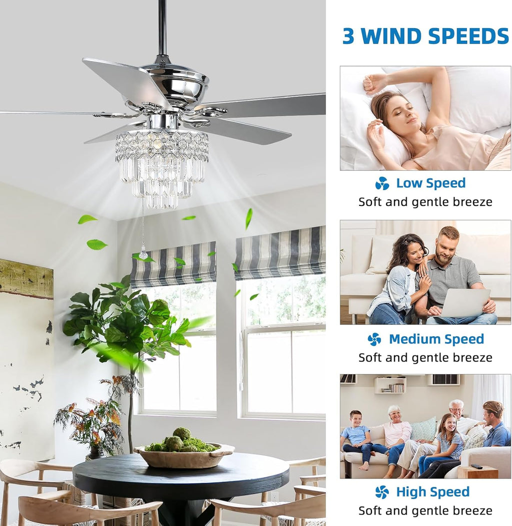 YYEHON 52″ Crystal Ceiling Fan with Lights and Remote Control, Modern Chandelier Fan with Dual Finish Reversible Blades, Quiet Indoor Fanderlier for Living Room, Dining Room, Bedroom. (Chrome)