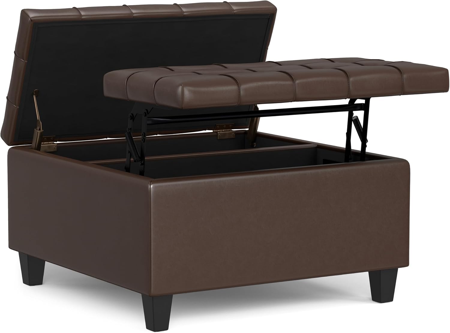 SIMPLIHOME Harrison Small Coffee Table Storage Ottoman - 30 inch Wide Upholstered Vegan Leather Square Lift-Top Ottoman in Chocolate Brown, Transitional Ottoman for Living Room with Hidden Storage
