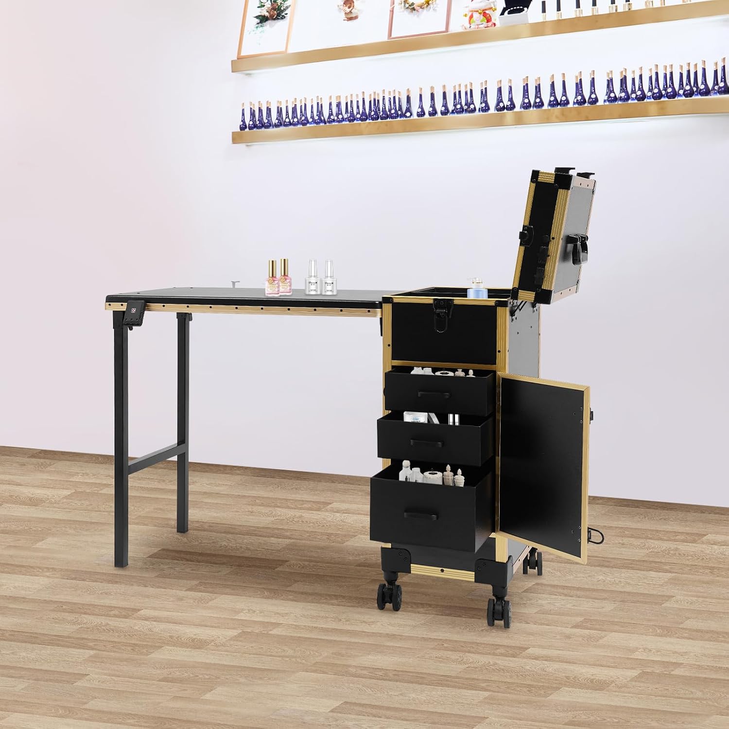 Professional Rolling Makeup Case, Foldable Nail Tables with Detachable Lighted Mirror, Travel Cosmetic Trolley Storage Organizer with Drawers & Bluetooth Speaker, Manicure for Artist (Black, Gold)