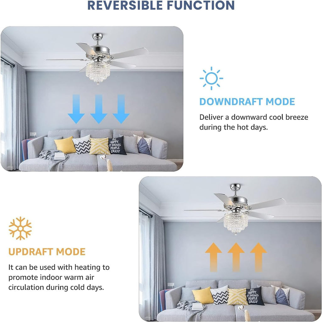 Crystal Ceiling Fan with Lights Modern Chandelier Fan with Remote Chrome Reversible Fan Light Fixture for Bedroom Dining Room 52'