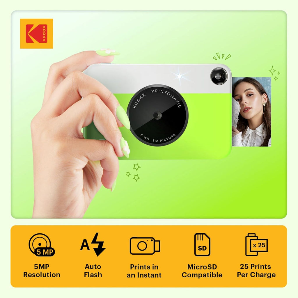 Kodak Printomatic Full-Color Instant Print Camera Gift Bundle + Soft Case + Zink 2x3 Sticky Back Photo Paper 20pk + Album + Sticker Sets + Sticker Frames + Hanging Frames + Markers, Fun Gift - Green