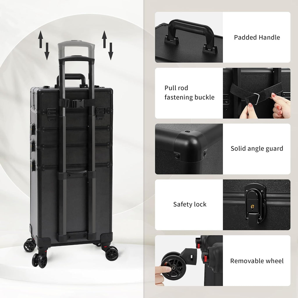 Profesional Rolling Makeup Train Case with Lid, 5 in 1 Cosmetology Case on Wheels, Large Cosmetic Trolley Organizer Travel for Hairstylist Artist Nail Beauty Salon Barber, Black