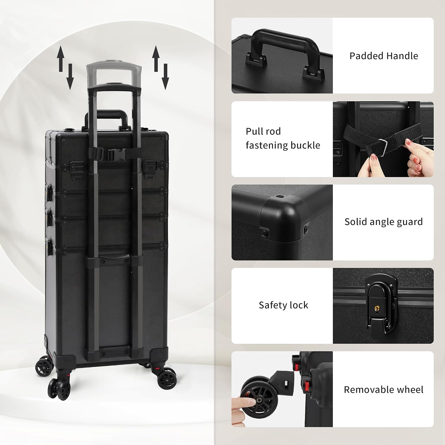 Profesional Rolling Makeup Train Case with Lid, 5 in 1 Cosmetology Case on Wheels, Large Cosmetic Trolley Organizer Travel for Hairstylist Artist Nail Beauty Salon Barber, Black