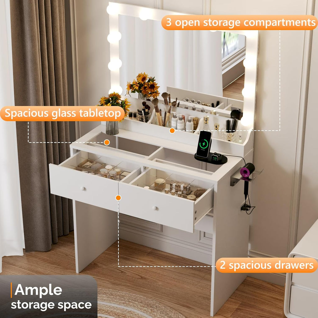 VINGLI 31.5' Small Vanity Desk with Mirror and Lights, Glass Top Makeup Vanity Table, White Dressing Table w/Hollywood Bulbs & Big Mirror, Corner Vanity for Bedroom, Girls Vanities