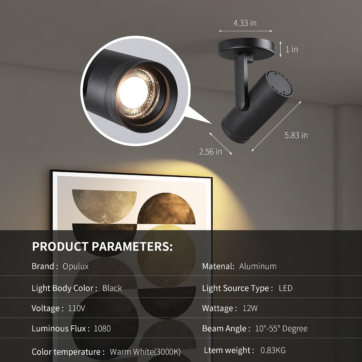 12W LED Dimmable Zoomable Ceiling Spotlight Indoor – Adjustable Wall Surface Mount Accent Spot Light for Home Pitcure, Painting, Plants & Artwork | Warm White 3000K CRI 97, Black 4 Packs