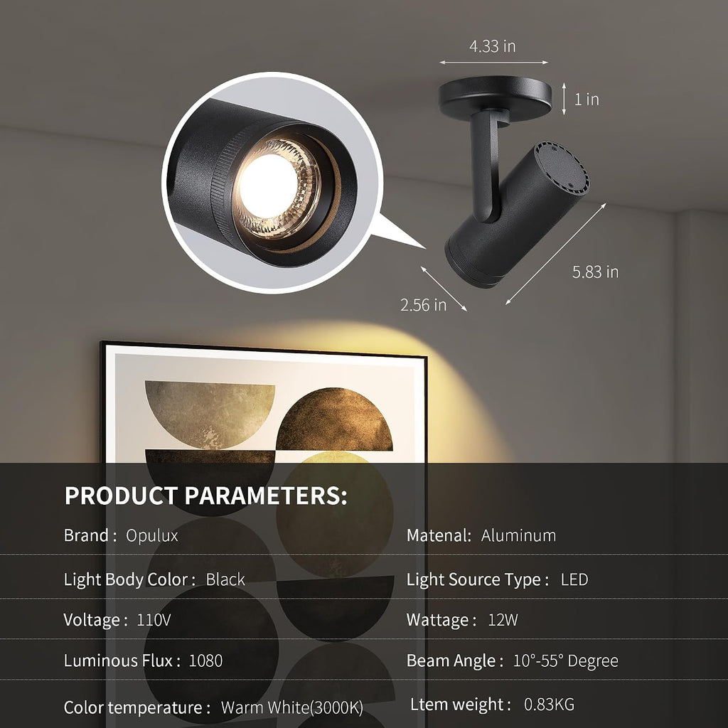 12W LED Dimmable Zoomable Ceiling Spotlight Indoor – Adjustable Surface Mount Accent Spot Light for Picture, Living Room, Plants & Artwork | Warm White 3000K CRI 97, Flicker-Free, Black 2 Packs