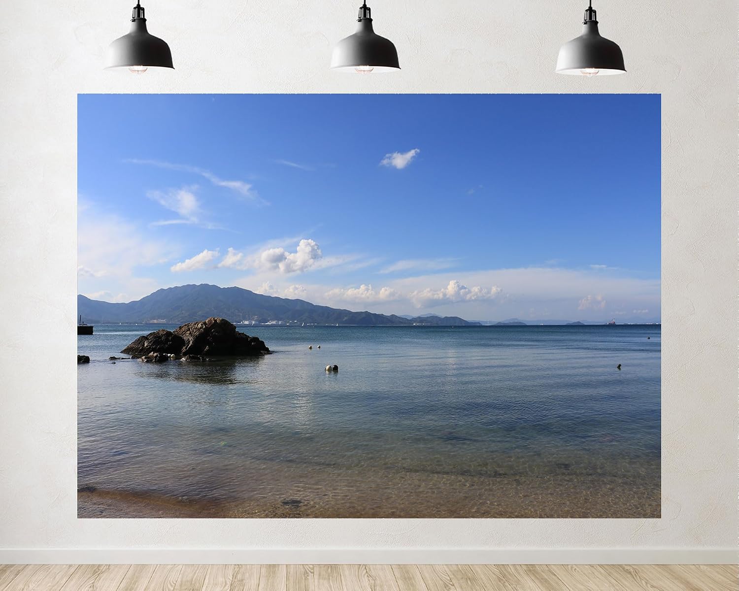 Trykid 20x10ft Tranquil Coastal Cove Backdrop Clear Turquoise Water Rocky Outcrop Distant Mountain Range White Clouds Photography Background Beach Party Decoration Photo Booth Prop Fabric