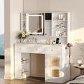 VINGLI Vanity Desk with Sliding Mirror and Lights, Glass Top Makeup Vanity Table w/Glass Cabinets w/Hidden Jewelry Storage & Power Outlets & Hairdryer Holder, 43in White Dressing Table Gifts Girls