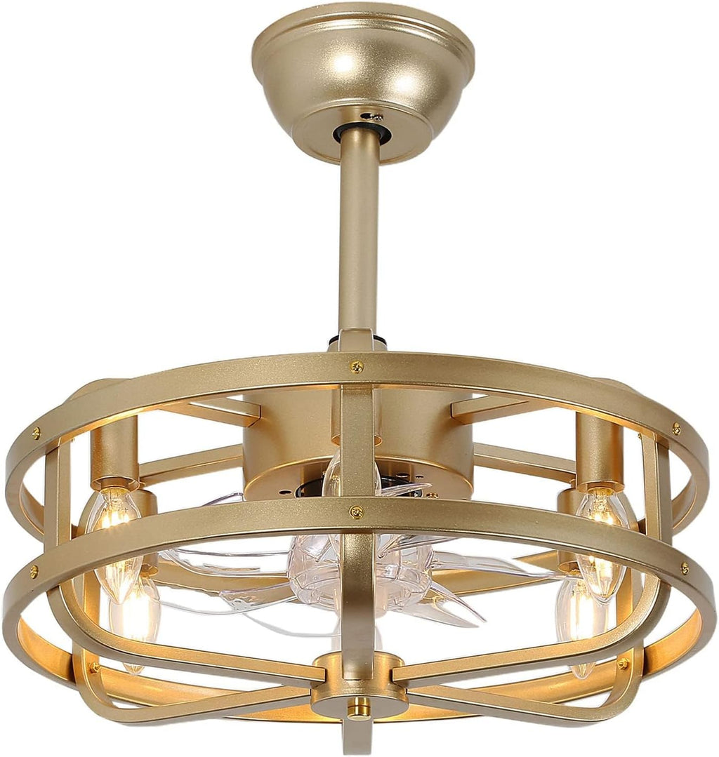 18' Gold Bladeless Ceiling Fan with Light, Caged Fandelier with Remote Control, 6-Speed Reversible Motor, Low Profile for Bedroom, Kitchen, Dining Room