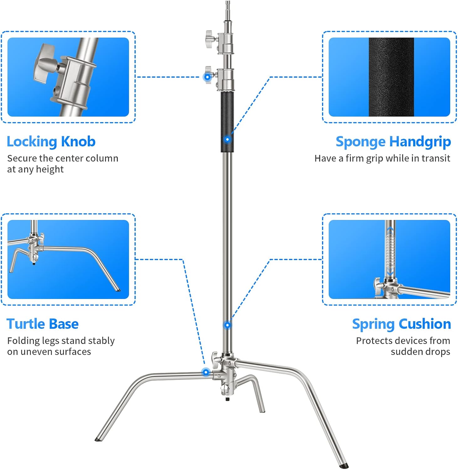 NEEWER Pro 100% Stainless Steel Heavy Duty C Stand with Boom Arm, Max Height 10.5ft/320cm Photography Light Stand with 4.2ft/128cm Holding Arm, 2 Grip Head for Studio Monolight, Softbox, Reflector