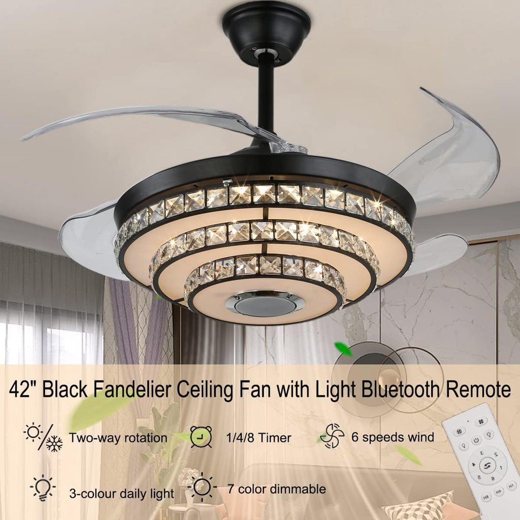 42' Retractable Fandelier Ceiling Fans with Lights Remote Control, Modern Crystal Chandelier with Bluetooth Speaker Reversible Silent Motor 7 Colorul Lighting 6 Speed for Living Room Bedroom
