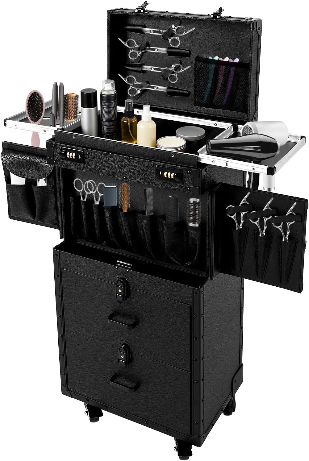 Rolling Lockable Makeup Train Case,Hair Trolley Stylist Salon Trolley Suitcase with Wheels Hairdryer Holder,Beauty Salon Cosmetic Luggage Travel Organizer Tool Box