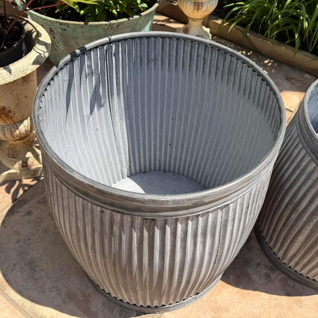 WHW Whole House Worlds French Country Style Tall Belly Bucket Pot Planters, Set of 3, Galvanized Metal, Vintage Grey, White Patina, Corrugated Cache Pots, Rustic, 22.5'
